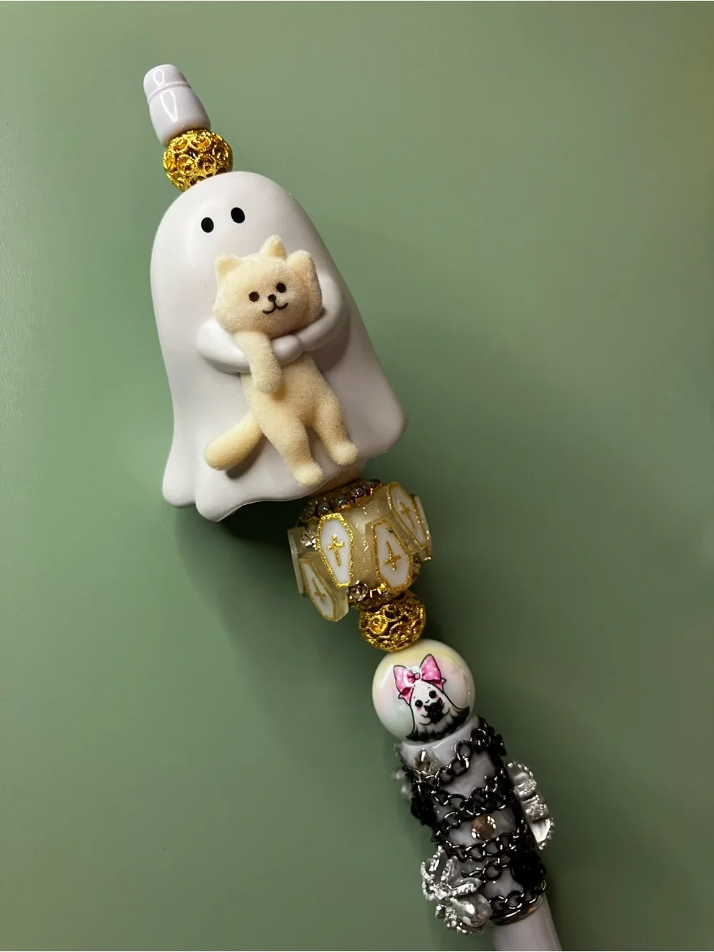 Behold my Cat Upcycled Ghost with Cat Figure on Spider Pen • Handmade • Beaded
